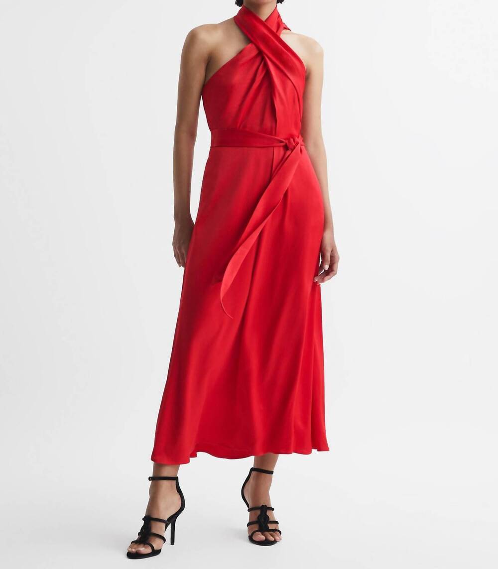 NEW REISS vida satin halter neck dress in red